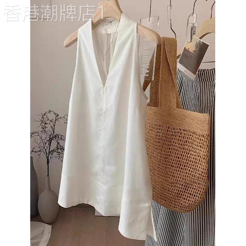 白色亚麻棉麻吊带背心女夏季外穿老钱风法式宽松V领无袖挂脖上衣