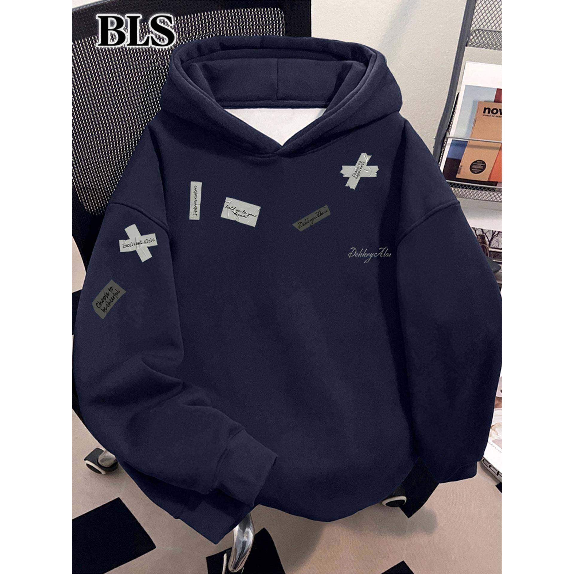 高端藏青色连帽卫衣男款秋冬季2025新款美式高街百搭加绒男士上衣