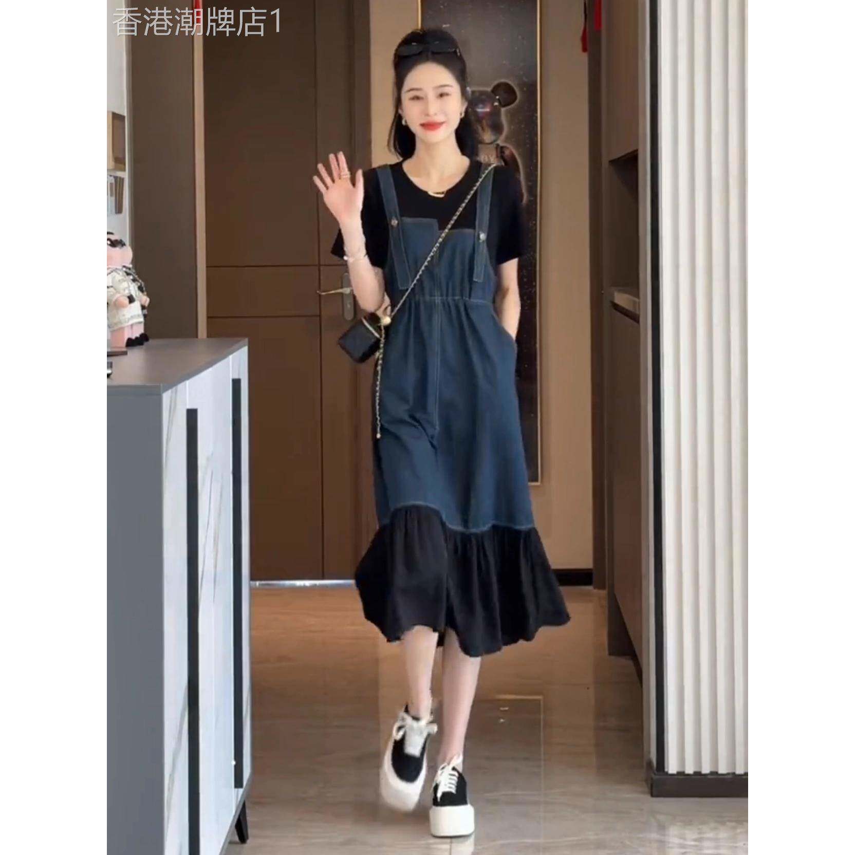 欧货撞色拼接牛仔假两件连衣裙女夏季时尚休闲宽松显瘦减龄背带裙