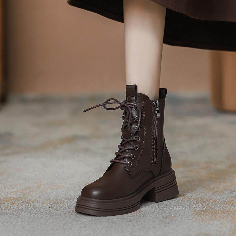 网红真皮马丁靴女款2025新款单靴英伦风靴子厚底内增高小个子短靴