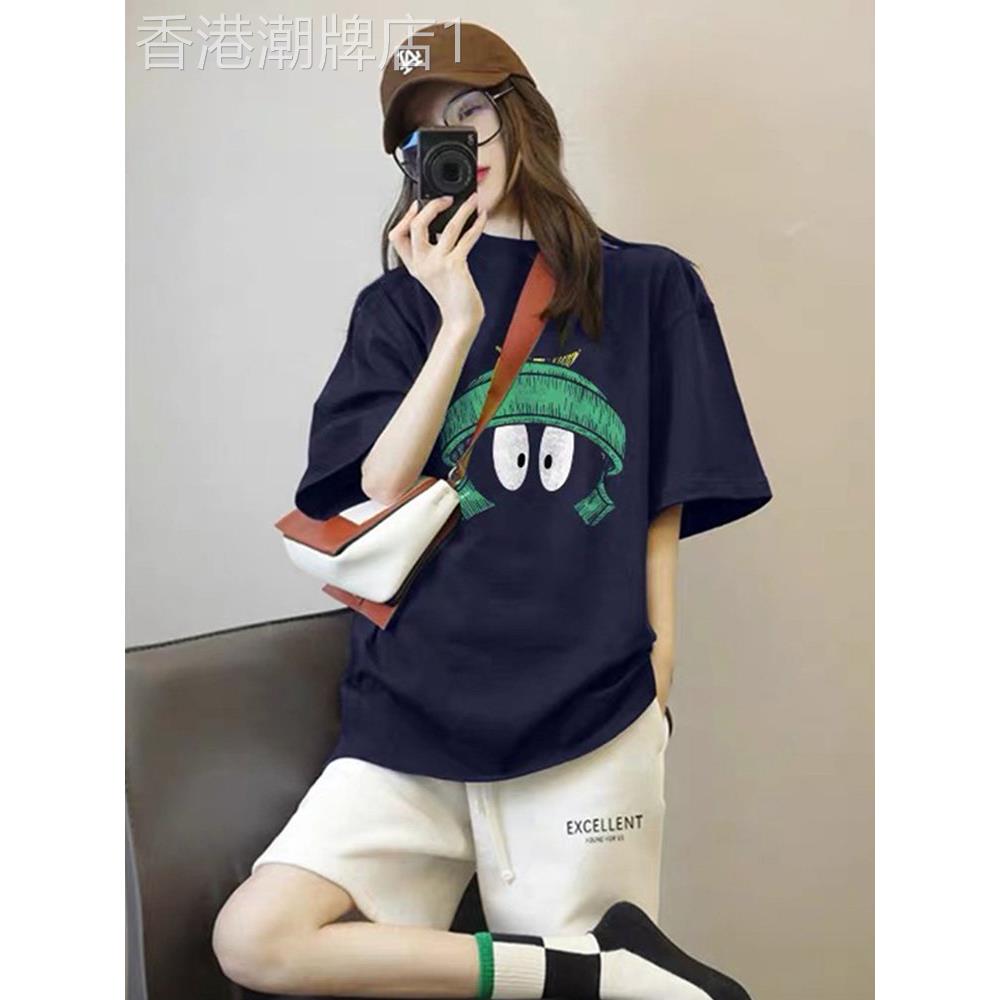 藏蓝色纯棉短袖T恤女2026新款夏季欧货大码胖mm减龄印花体恤上衣