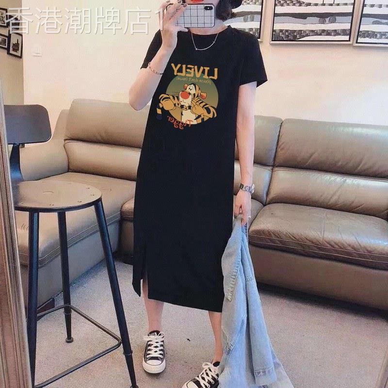 开叉连衣裙女夏季欧货大码胖mm纯棉t恤裙宽松休闲直筒过膝长裙子