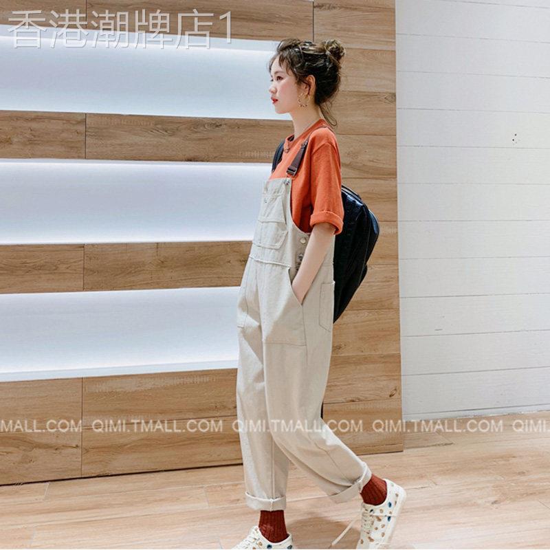 背带裤女夏洋气减龄可爱日系吊带阔腿工装裤欧货小个子杏色连体裤