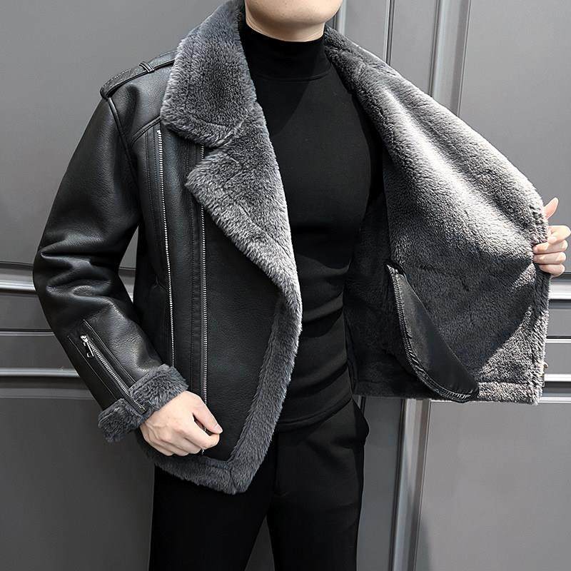 高端轻奢男士皮毛一体冬季2025新款皮衣棉服秋冬短款机车夹克外套
