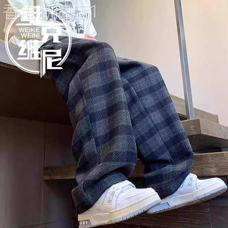日系格子毛呢休闲裤男士春秋潮牌痞帅大尺码宽松慵懒风直筒宽裤
