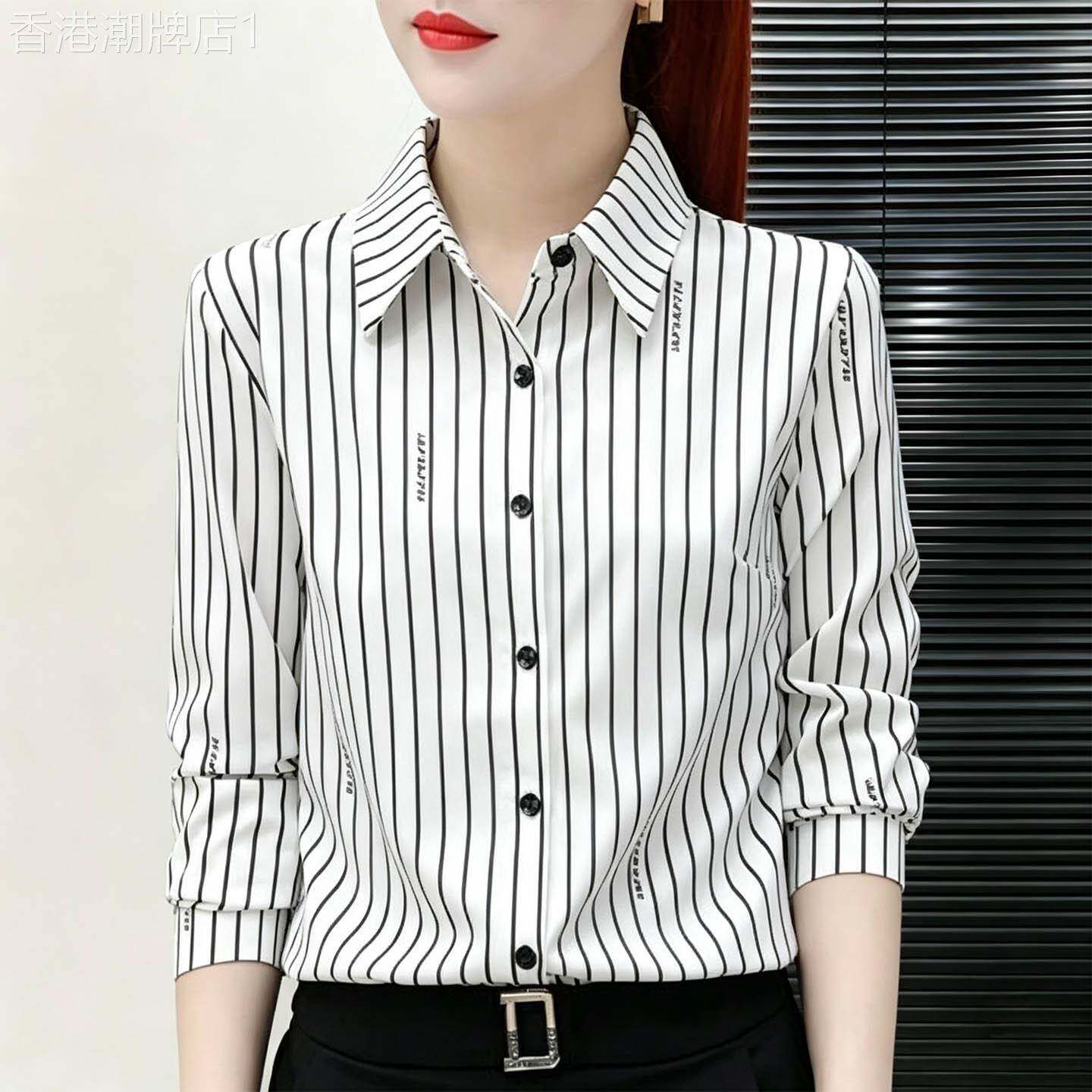 白色翻领长袖竖条纹衬衫女春秋欧货韩版宽松显瘦衬衣通勤百搭上衣
