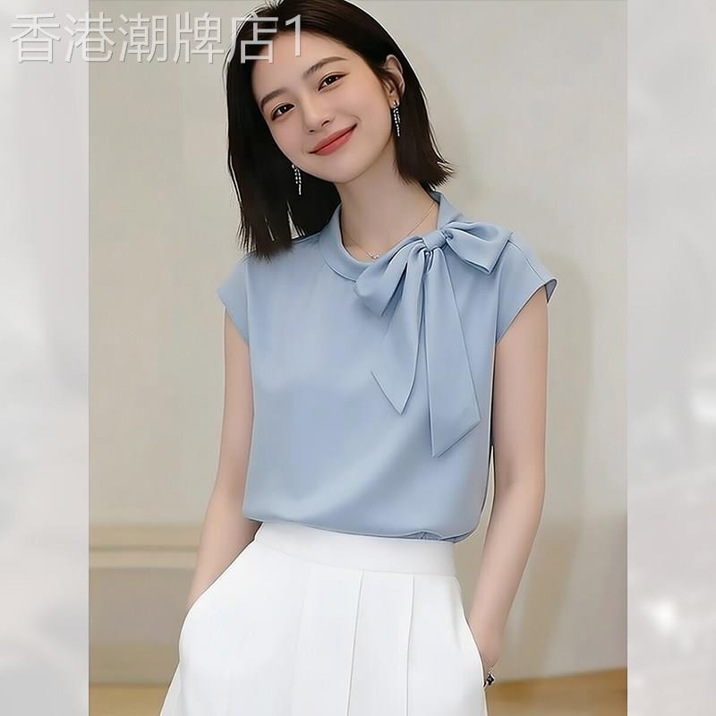 法式蝴蝶结系带短袖上衣女装夏季新款2026蓝色显瘦轻奢风优雅内搭