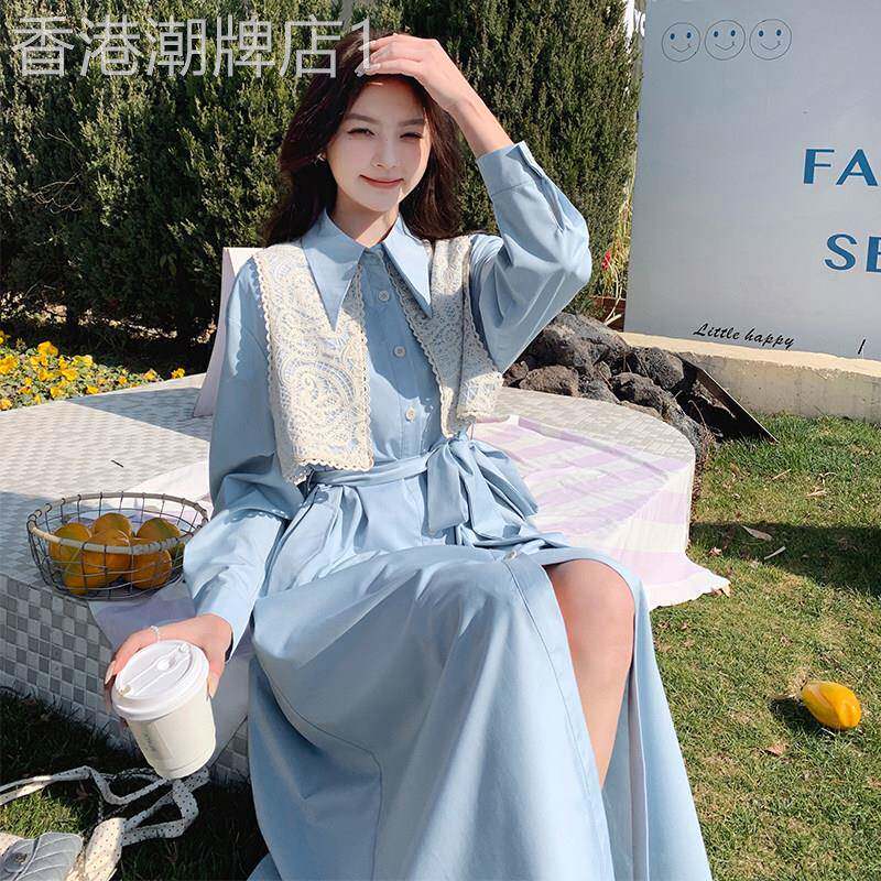 时尚假两件洋装女2026新款春季POLO衬衫裙子蕾丝洋派中长版气质