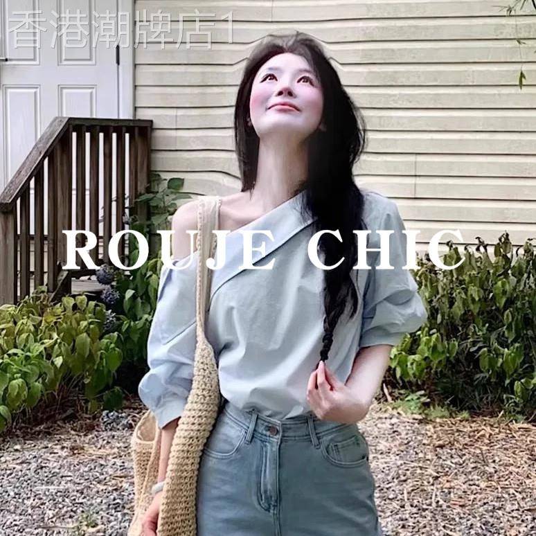 法国rouje chic法式气质斜肩飘带短袖衬衫女夏季百搭宽松显瘦上衣