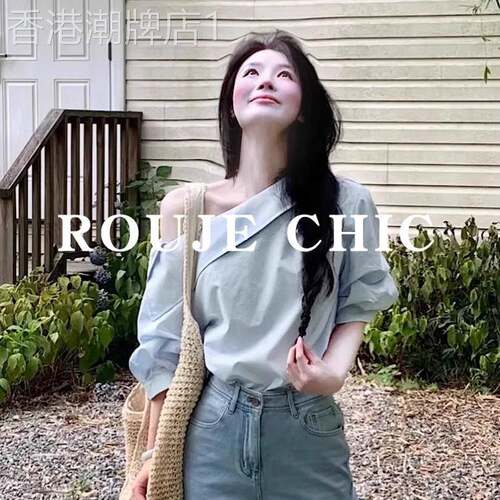 法国rouje chic法式气质斜肩飘带短袖衬衫女夏季百搭宽松显瘦上衣