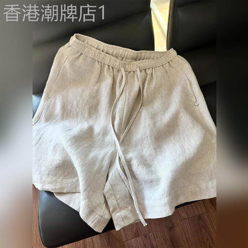 潮牌莱赛尔天丝亚麻短裤男夏季薄款老钱风棉麻裤子宽松休闲五分裤