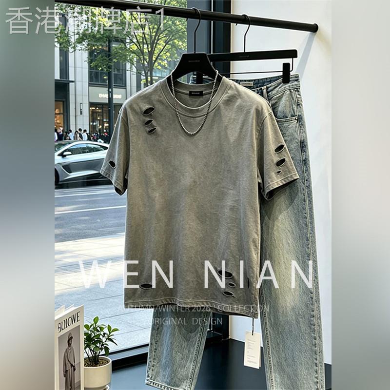 韩国WEN NIAN水洗做旧破洞短袖男2026夏季新款设计感重磅纯棉t恤