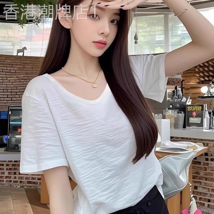 潮流短袖t恤女2026新款夏季纯色白色V领上衣宽松纯棉小个子T恤