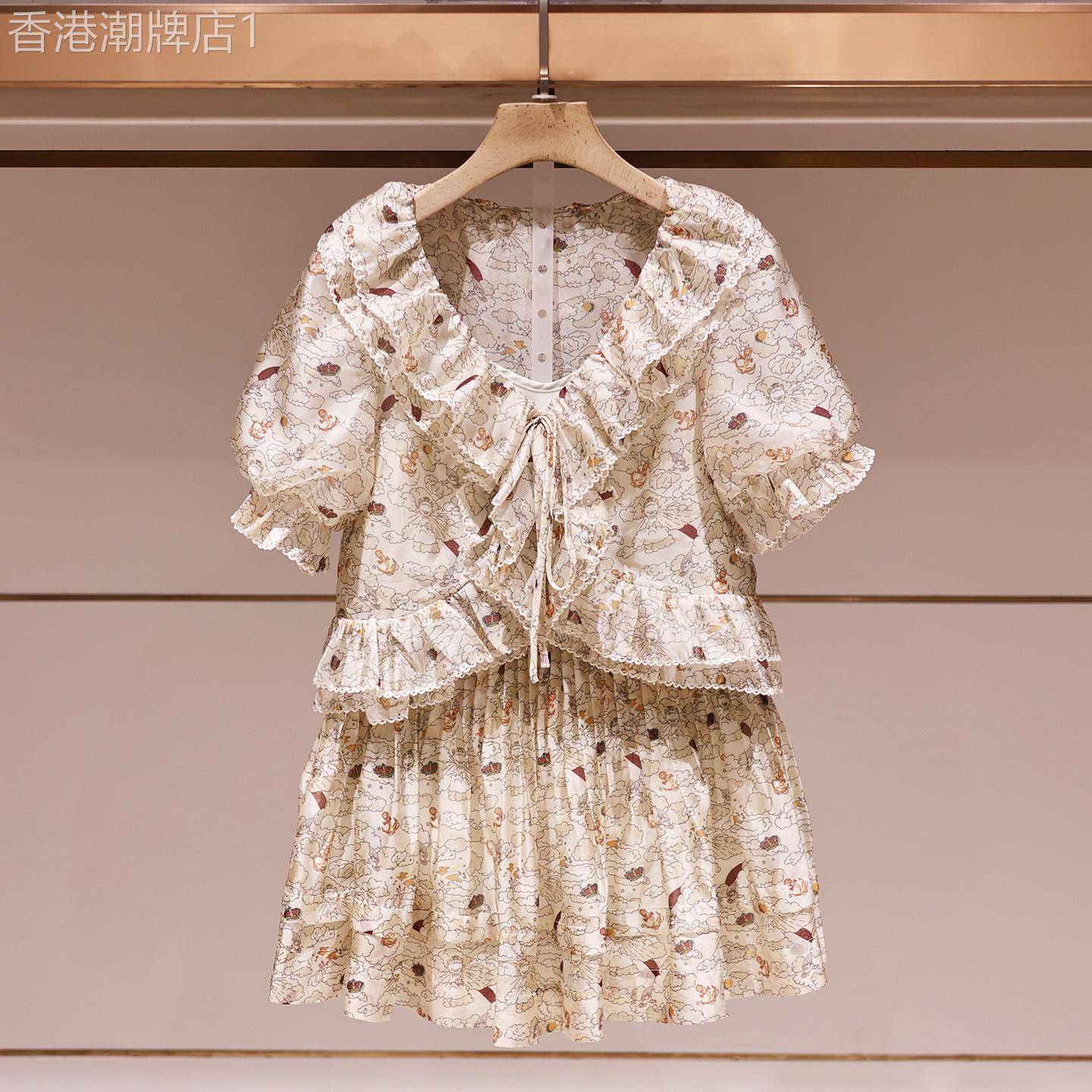 法式田园风荷叶边泡泡袖印花套装女夏2026新款复古宫廷减龄两件套
