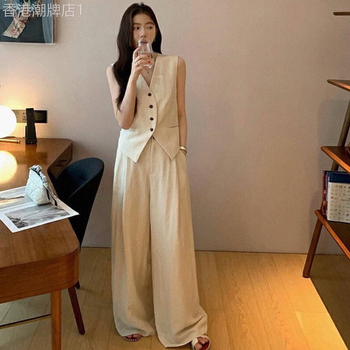 欧洲站女夏季轻奢亚麻天丝西装背心套装高级松弛感阔腿裤气质两件