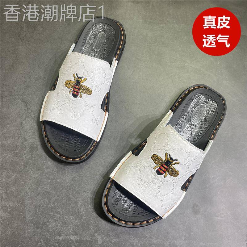 夏季外穿真皮透气拖鞋男潮流百搭一字拖男防滑耐磨小蜜蜂沙滩凉拖
