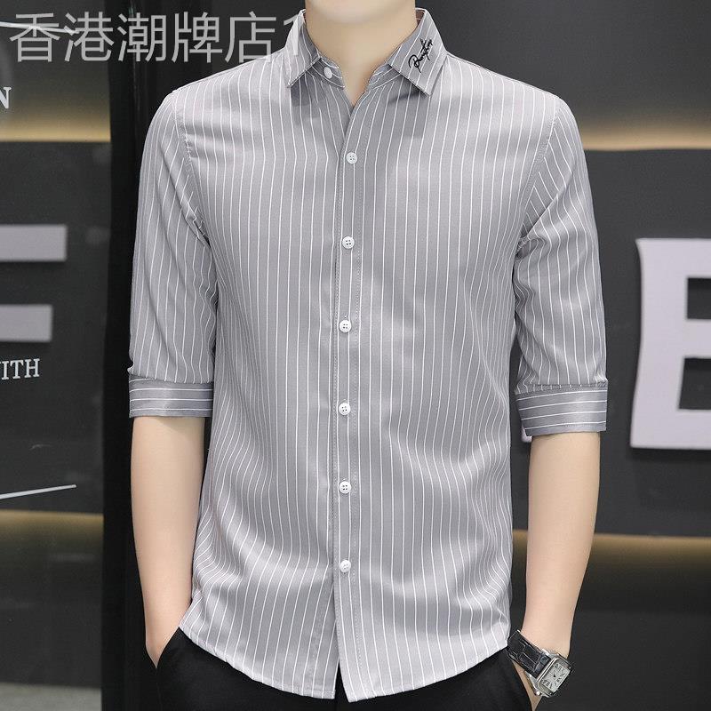 夏季薄款冰丝条纹七分袖衬衫男装商务休闲短袖衬衫修身中袖上衣潮