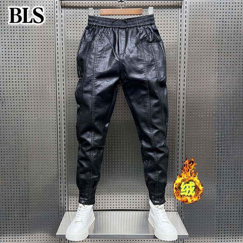 高端黑色加绒机车皮裤男款秋冬季2025新款小脚加厚保暖男士休闲裤