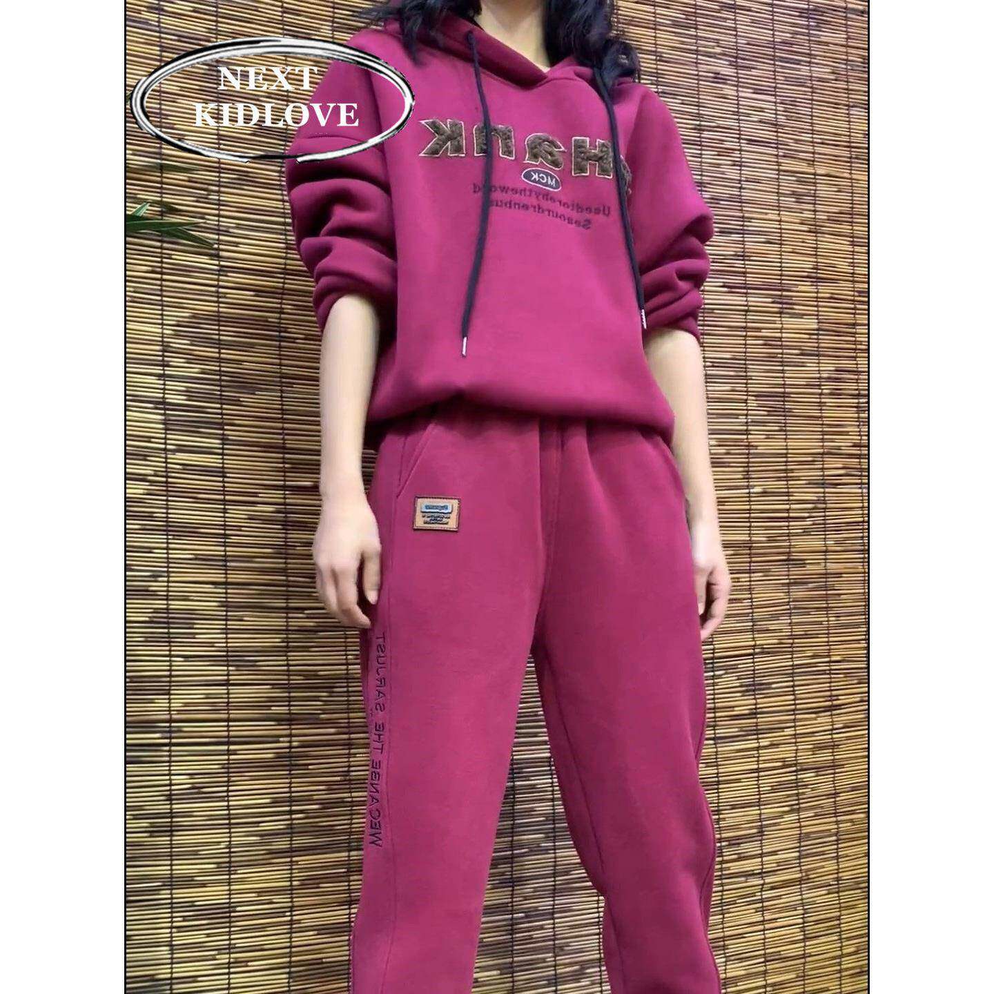 香港秋冬加绒加厚运动套装女2024新款连帽卫衣哈伦裤两件套减龄潮