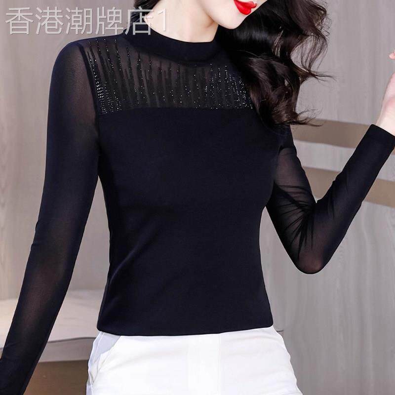 半高领黑色蕾丝网纱打底衫女士秋冬欧货修身内搭小衫显瘦洋气上衣