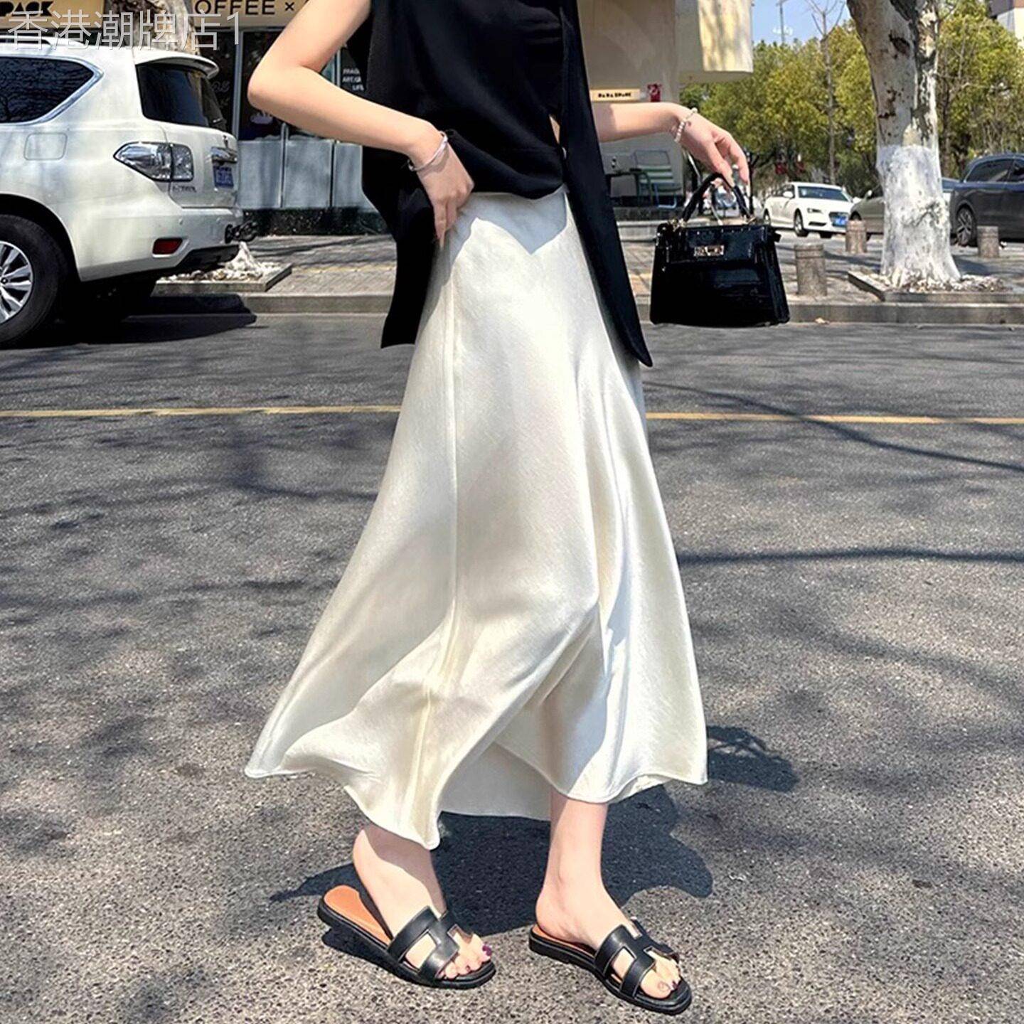 白色醋酸半身裙女夏季薄款2025新款高腰a字大尺码显瘦中长版鱼尾
