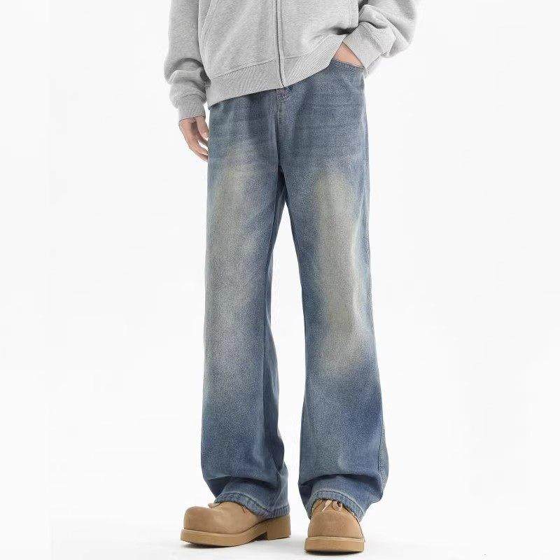 香港潮牌牛仔裤男士秋冬新款加绒裤子美式复古做旧宽松微喇直筒裤