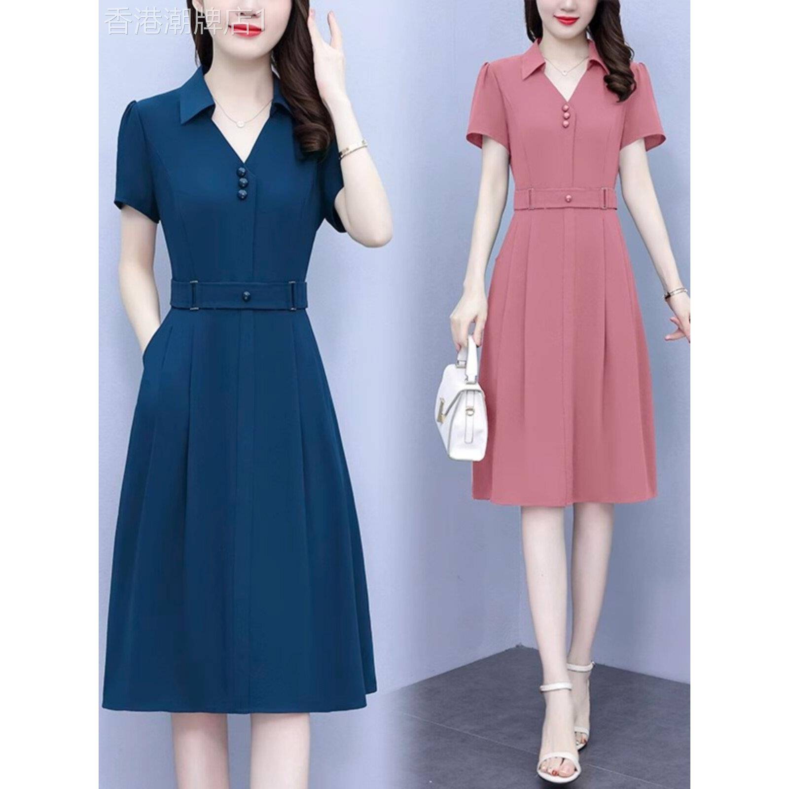 衬衫领连衣裙女夏季2025年新款韩版时尚大码女装显瘦收腰短袖裙子
