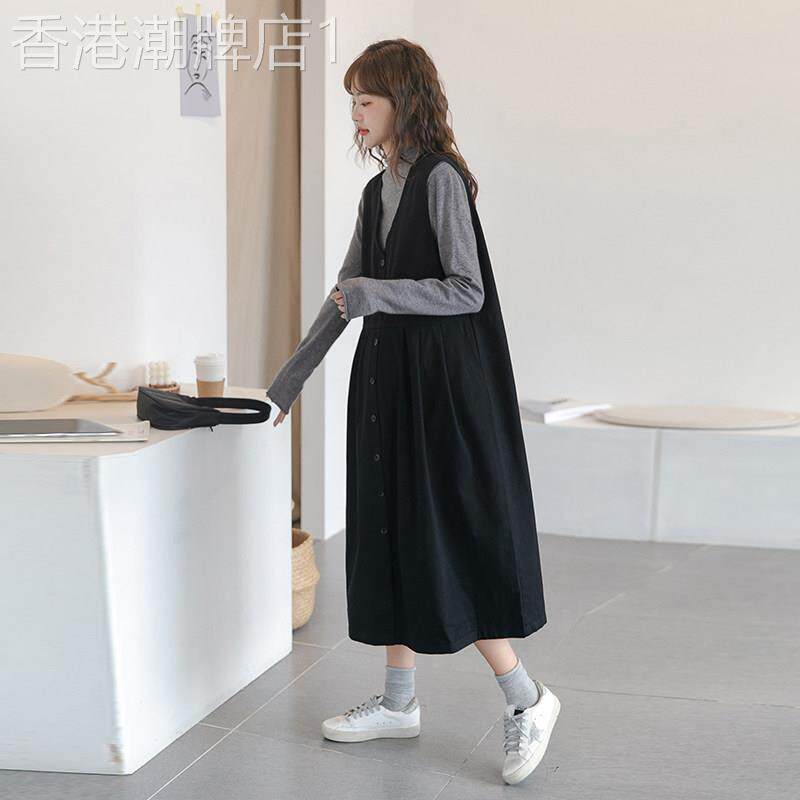 孕妇装春秋季宽松遮肚显瘦V领背心裙过膝棉布抱婴袋裙外出孕妇套
