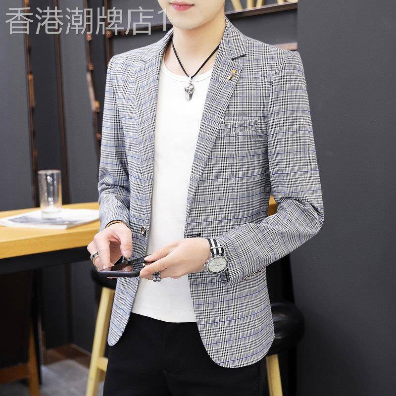 2025新款春季高品质男士休闲西服外套韩版格子单西修身高端小西服