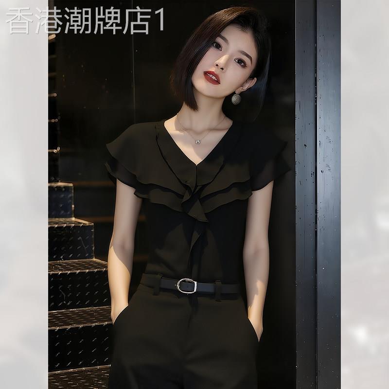 黑色V领荷叶边短袖雪纺衬衫女夏季新款修身显瘦小众独特别致上衣