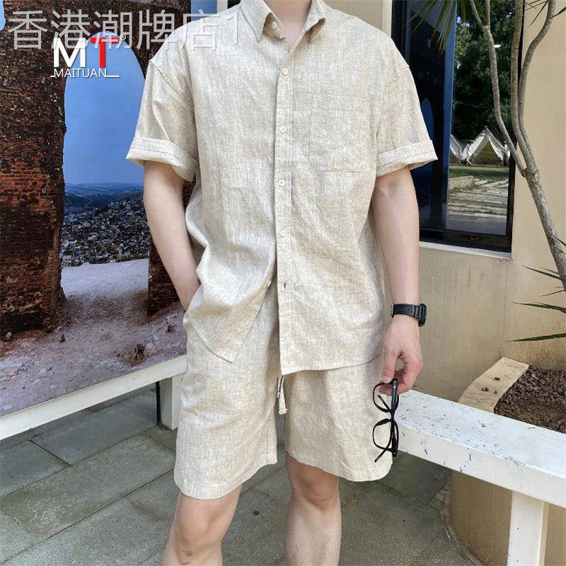 高端亚麻休闲套装男士夏季2026新款棉麻短袖衬衫搭配短裤痞帅男装