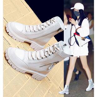 明星爆款内增高马丁靴7CM米色中筒靴头层牛皮靴软保暖加绒短靴女