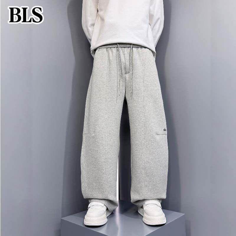 高端加厚休闲裤男款秋冬季2025新款宽松直筒阔腿拼接刺绣加绒卫裤