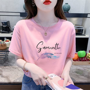 女衫 新款 时尚 女T恤半袖 女上衣体恤潮牌ins 字母羽毛印花纯棉短袖