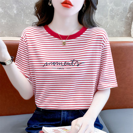 条纹纯棉短袖t恤女2026夏季新款设计感小众女装体恤宽松百搭上衣