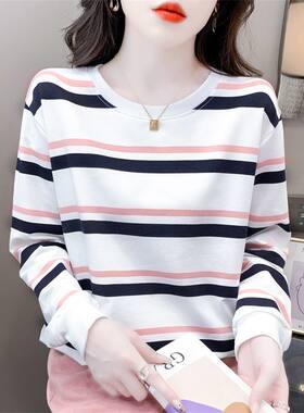 条纹长袖t恤女宽松圆领卫衣女