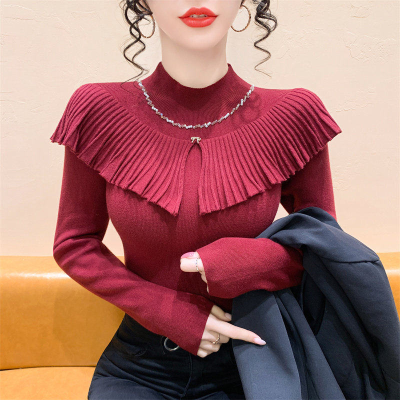 时尚钉珠荷叶边拼接半高领针织毛衣打底衫女秋冬新款修身内搭上衣,女装/女士精品,毛针织衫,淘宝优惠券,粉丝福利购,淘宝优惠卷