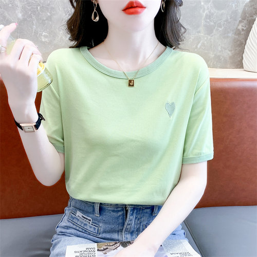 绿色纯棉短袖t恤女夏装爱心刺绣