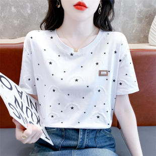 宽松休闲星星印花设计感百搭体恤上衣 新款 纯棉白色t恤女短袖 夏装