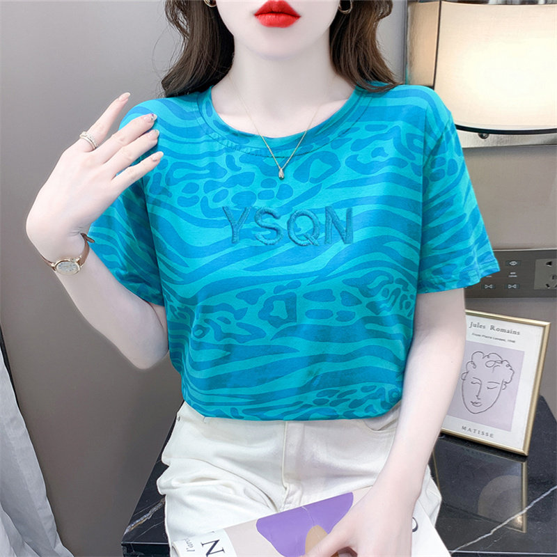 豹纹印花纯棉短袖t恤女宽松上衣