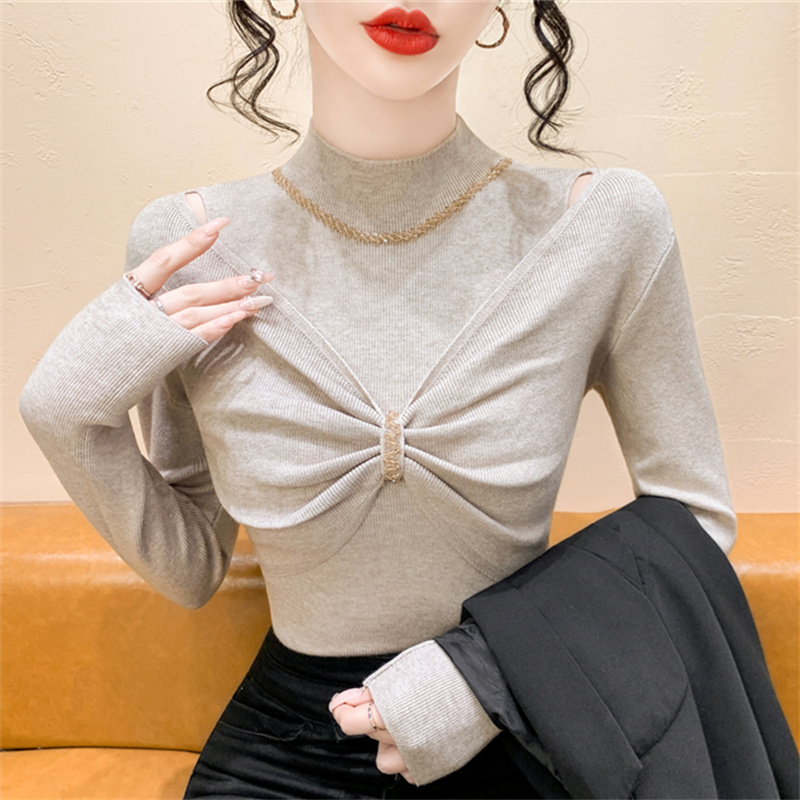 重工钉珠半高领拼接针织打底衫女