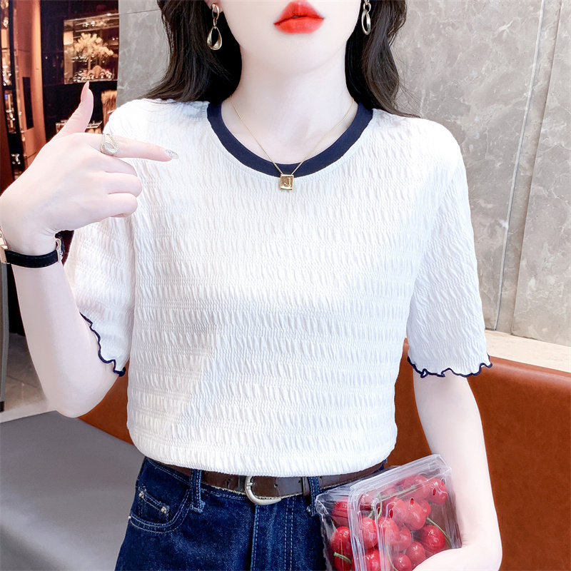 时尚木耳边短袖t恤女白色宽松休闲体恤夏季百搭减龄夏装洋气上衣 - 实物图