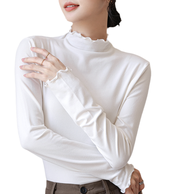 时尚设计感木耳边半高领打底衫女内搭春秋新款修身长袖薄款上衣服