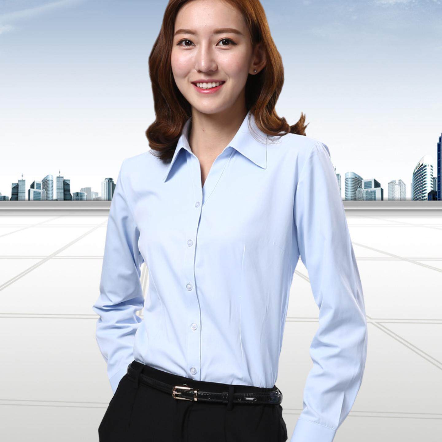 白衬衫女长袖修身职业装V领免烫