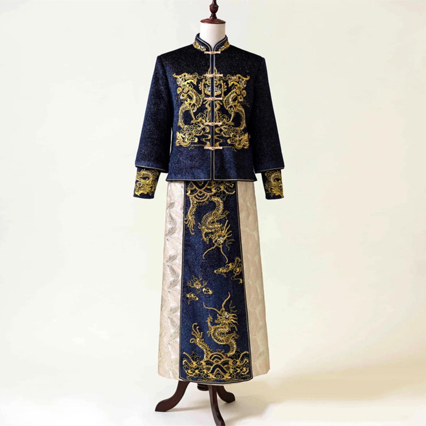 蓝色秀禾服男士新郎装中式礼服