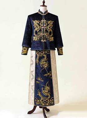 蓝色秀禾服男士新郎装中式礼服
