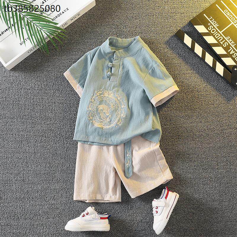 男童夏季汉服短袖套装国学唐装男宝宝复古棉麻演出服儿童周岁礼服