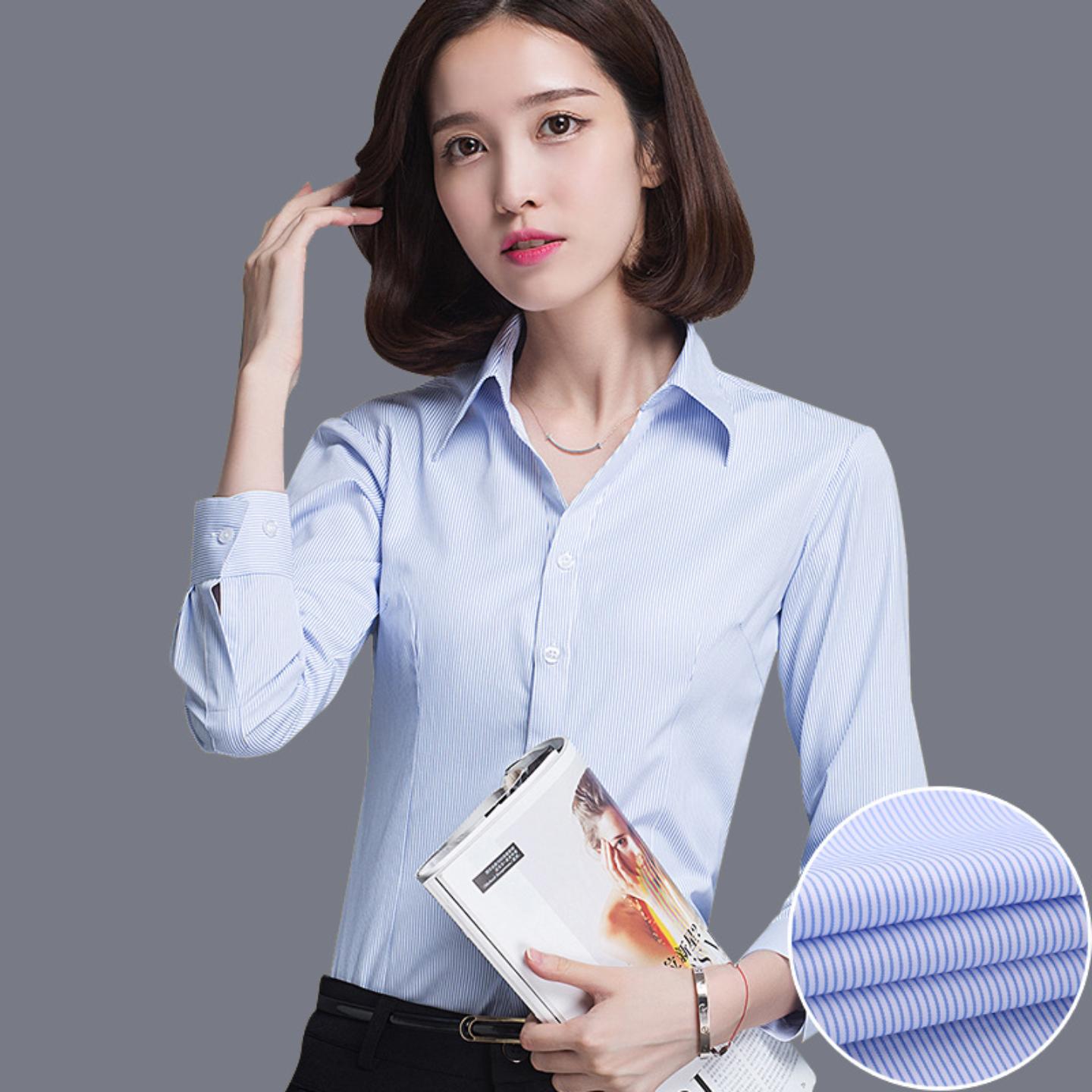 蓝条纹V领长袖衬衫女修身显瘦