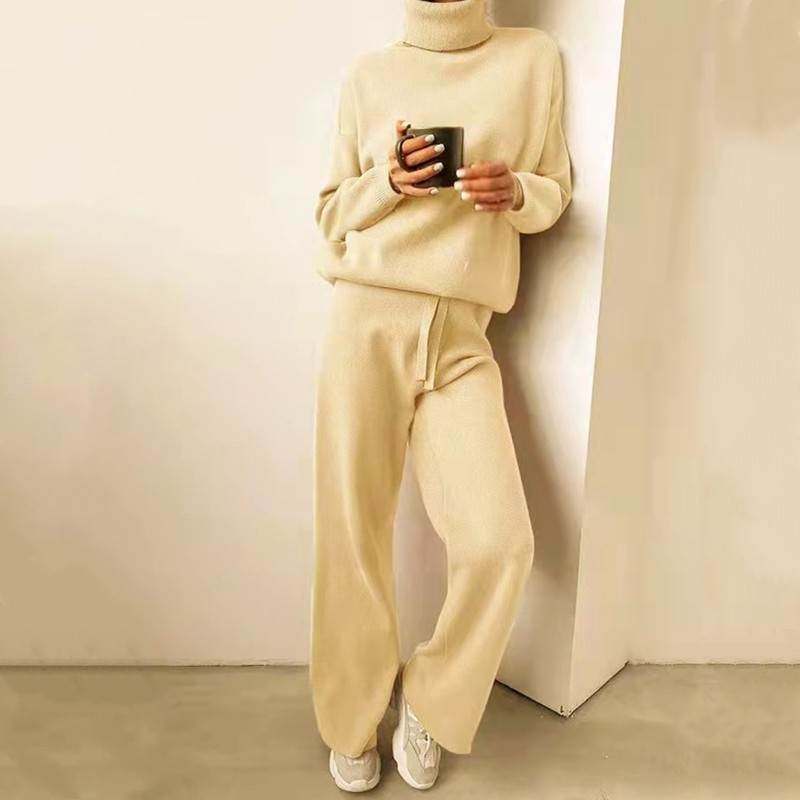 Winter turtleneck sweater pants two piece women knit suit 女