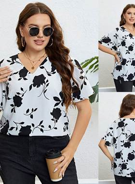 plus size women clothes tops 夏季大码女装 印花V领宽松上衣